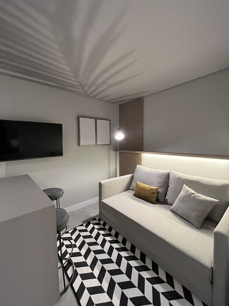 Apto Família 26m² - 3min da praia c/ cozinha